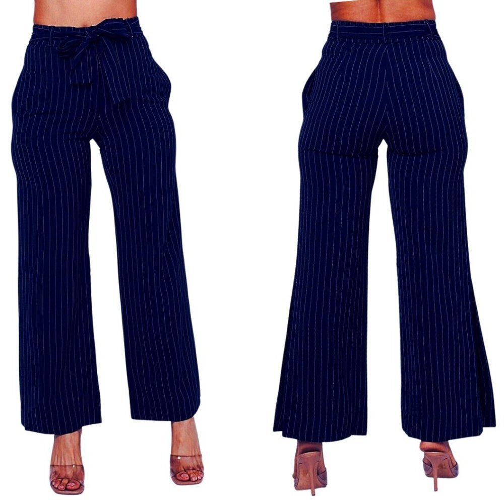 NWT Dark Navy and White Pinstripe High Waist Side Split Pants Tie Belt Juniors
